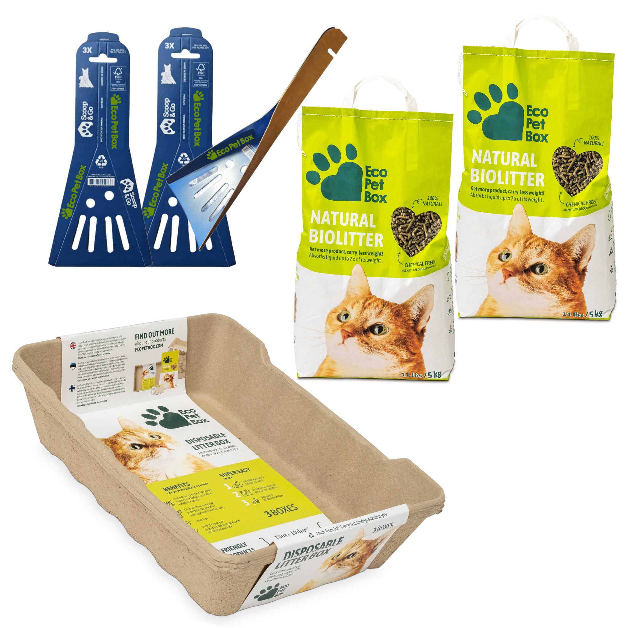 Nachhaltiges Katzenpflege Set aus Karton mit Katzenstreu und Zubehör