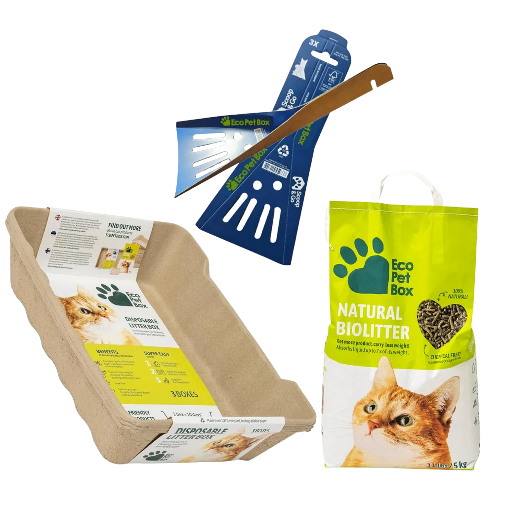 Katzenpflege Komplettset mit Katzentoilette, Streu, Näpfen und Schaufeln von EcoPetBox