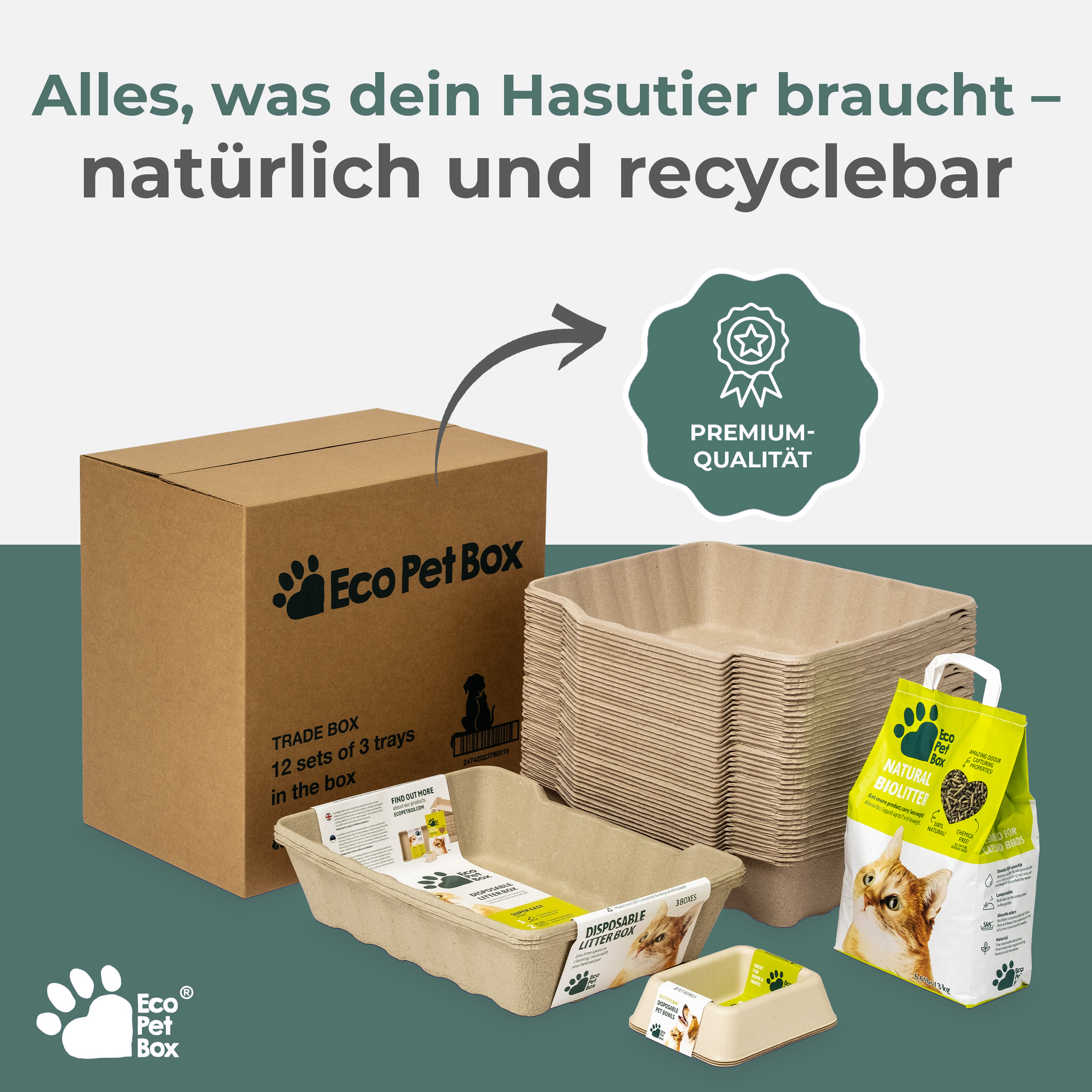 Nachhaltiges Katzenpflege Set aus Karton mit Katzenstreu und Zubehör